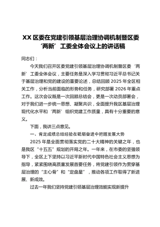 XX区委在党建引领基层治理协调机制暨区委‘两新’工委全体会议上的讲话稿