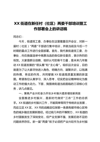 XX街道在新任村(社区)两委干部培训暨工作部署会上的讲话稿