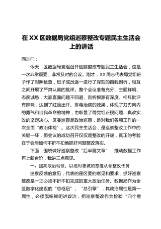 在XX区数据局党组巡察整改专题民主生活会上的讲话