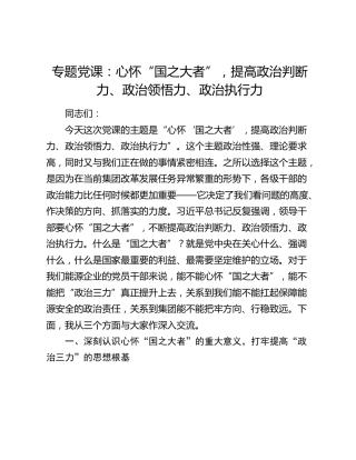 专题党课：心怀“国之大者”，提高政治判断力、政治领悟力、政治执行力
