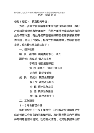 关于成立精神卫生综合管理小组的通知