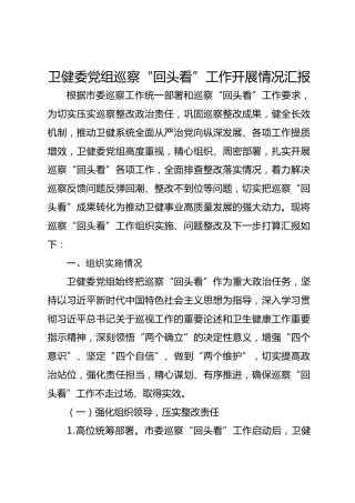 卫健委党组巡察“回头看”工作开展情况汇报