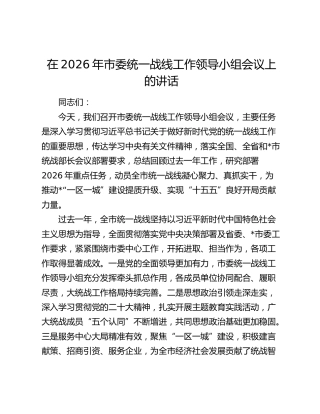 在2026年市委统一战线工作（统战）领导小组会议上的讲话