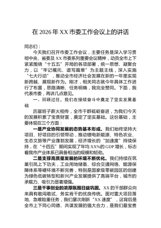 在2026年XX市委工作会议上的讲话