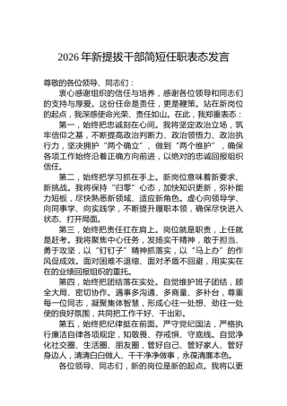 2026年新提拔干部简短任职表态发言