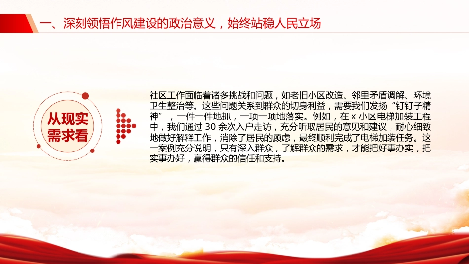 PPT课件：以优良作风筑牢基层堡垒用心用情服务人民群众（学习《习近平关于加强党的作风建设论述摘编》研讨发言材料）_第6页