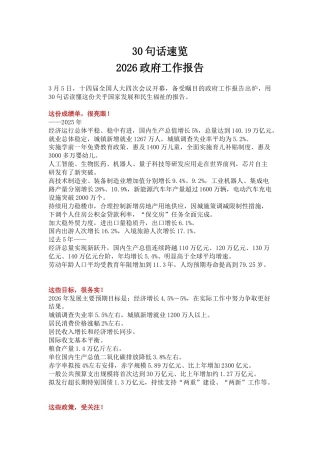 聚焦两会关注民生主题课件讲稿+PPT课件：30句话速览2026政府工作报告