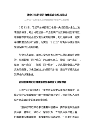 二十届中央纪委五次全会课件讲稿+PPT课件：坚定不移把党的自我革命向纵深推进