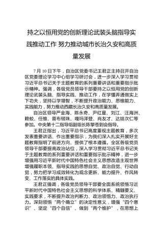 持之以恒用党的创新理论武装头脑指导实践推动工作努力推动城市长治久安和高质量发展
