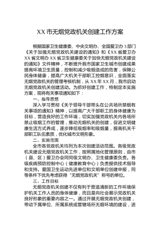 XX市无烟党政机关创建工作方案