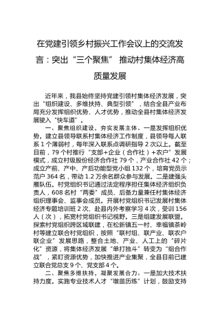 在党建引领乡村振兴工作会议上的交流发言：突出“三个聚焦”推动村集体经济高质量发展