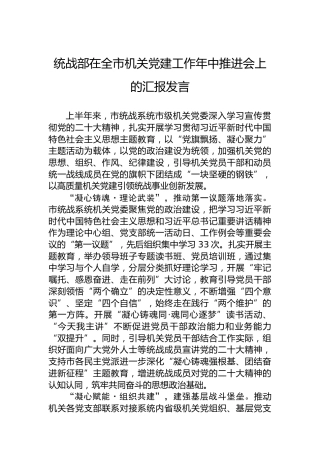 统战部在全市机关党建工作年中推进会上的汇报发言