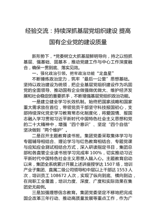 经验交流：持续深抓基层党组织建设提高国有企业党的建设质量