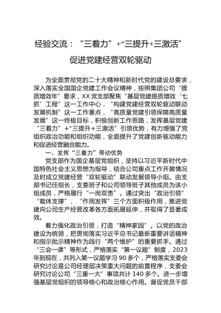 经验交流：“三着力”“三提升三激活”促进党建经营双轮驱动