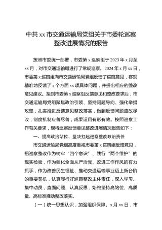 中共xx市交通运输局党组关于市委轮巡察整改进展情况的报告（2024）