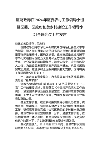 区财政局在2024年区委农村工作领导小组暨区委、区政府和美乡村建设工作领导小组全体会议上的发言