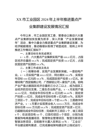 XX市工业园区2024年上半年推进重点产业集群建设发展情况汇报