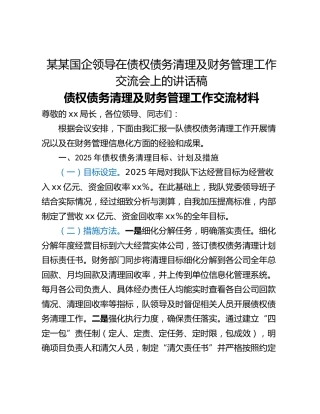 某某国企领导在债权债务清理及财务管理工作交流会上的讲话稿