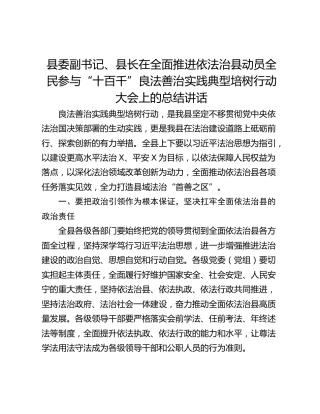 县委副书记、县长在全面推进依法治县动员全民参与“十百千”良法善治实践典型培树行动大会上的总结讲话