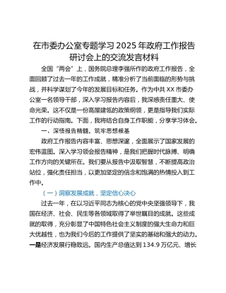 在市委办公室专题学习2025年政府工作报告研讨会上的交流发言材料