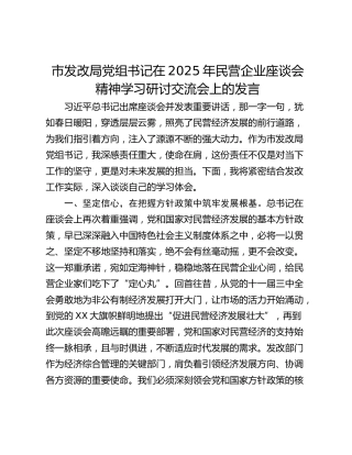 市发改局党组书记在2025年民营企业座谈会精神学习研讨交流会上的发言