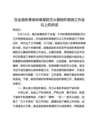 在全县秋季森林草原防灭火暨秸秆禁烧工作会议上的讲话