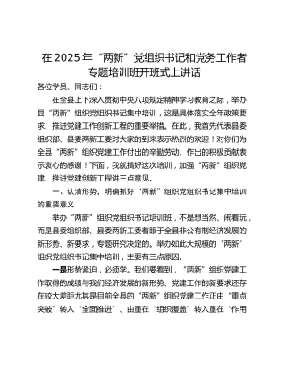 在2025年“两新”党组织书记和党务工作者 专题培训班开班式上讲话