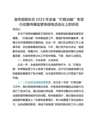 宣传部部长在2025年全省“打假治敲”专项行动暨传媒监管电视电话会议上的讲话