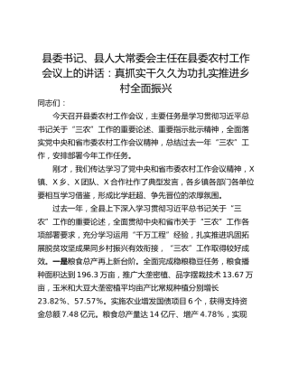 县委书记、县人大常委会主任在县委农村工作会议上的讲话：真抓实干久久为功扎实推进乡村全面振兴
