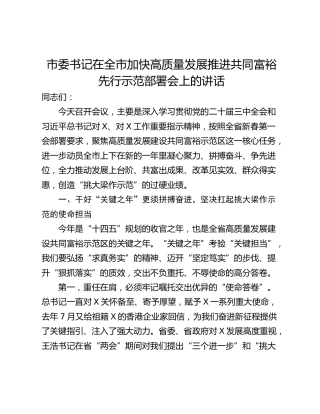 市委书记在全市加快高质量发展推进共同富裕先行示范部署会上的讲话