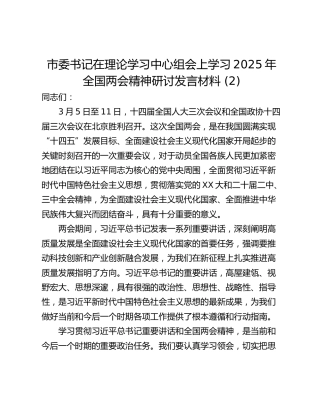 市委书记在理论学习中心组会上学习2025年全国两会精神研讨发言材料 (2)