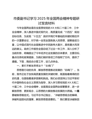 市委副书记学习2025年全国两会精神专题研讨发言材料