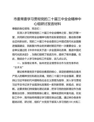 市委常委学习贯彻党的二十届三中全会精神中心组研讨发言材料