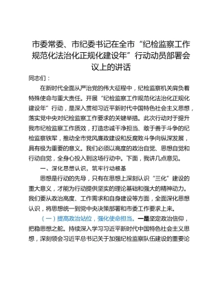 市委常委、市纪委书记在全市“纪检监察工作规范化法治化正规化建设年”行动动员部署会议上的讲话