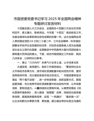 市国资委党委书记学习2025年全国两会精神专题研讨发言材料