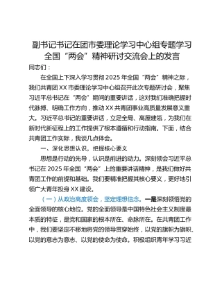 副书记书记在团市委理论学习中心组专题学习全国“两会”精神研讨交流会上的发言