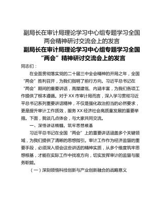 副局长在审计局理论学习中心组专题学习全国两会精神研讨交流会上的发言