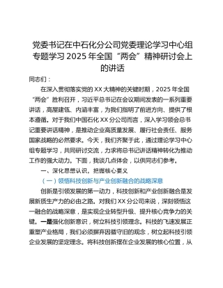 党委书记在中石化分公司党委理论学习中心组专题学习2025年全国“两会”精神研讨会上的讲话