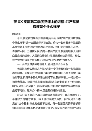 讲稿+PPT课件：在XX支部第二季度党课上的讲稿：共产党员应该是个什么样子
