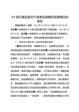XX县纪委监委关于县委巡察整改进展情况的报告