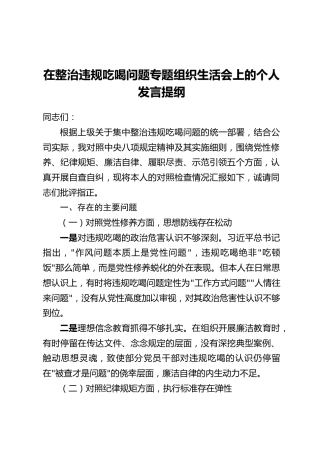 在整治违规吃喝问题专题组织生活会上的个人发言提纲