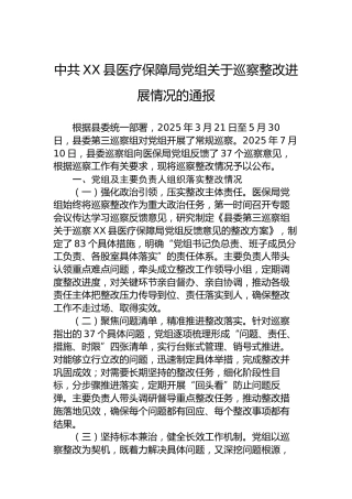 中共XX县医疗保障局党组关于巡察整改进展情况的通报