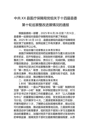 中共XX县医疗保障局党组关于十四届县委第十轮巡察整改进展情况的通报