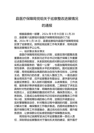 县医疗保障局党组关于巡察整改进展情况的通报