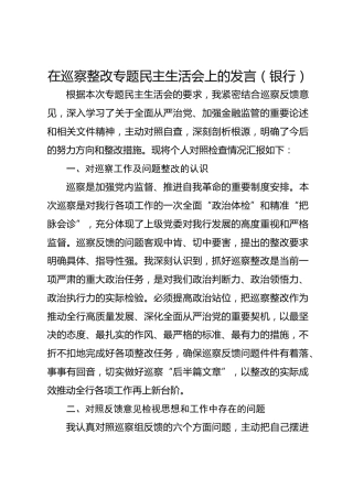 在巡察整改专题民主生活会上的发言（银行）