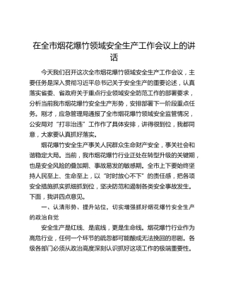 在全市烟花爆竹领域安全生产工作会议上的讲话