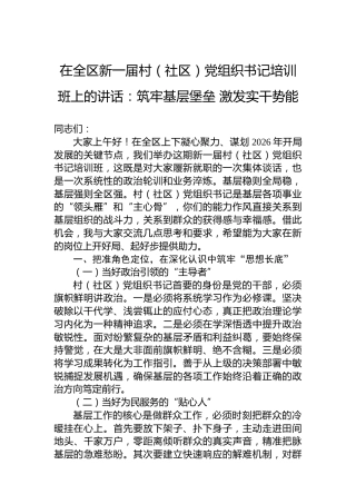 在全区新一届村（社区）党组织书记培训班上的讲话：筑牢基层堡垒激发实干势能