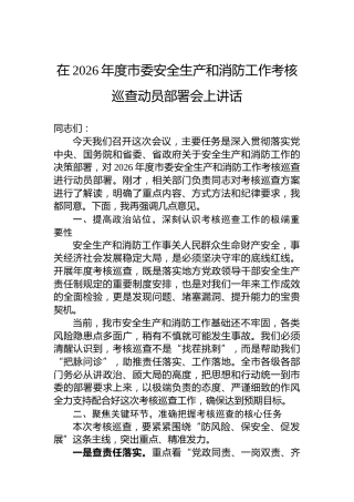 在2026年度市委安全生产和消防工作考核巡查动员部署会上讲话