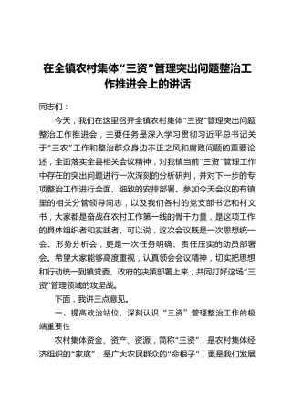 在全镇农村集体“三资”管理突出问题整治工作推进会上的讲话