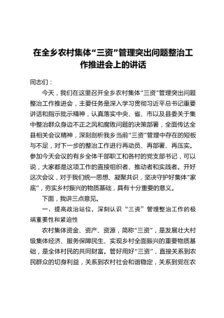在全乡农村集体“三资”管理突出问题整治工作推进会上的讲话